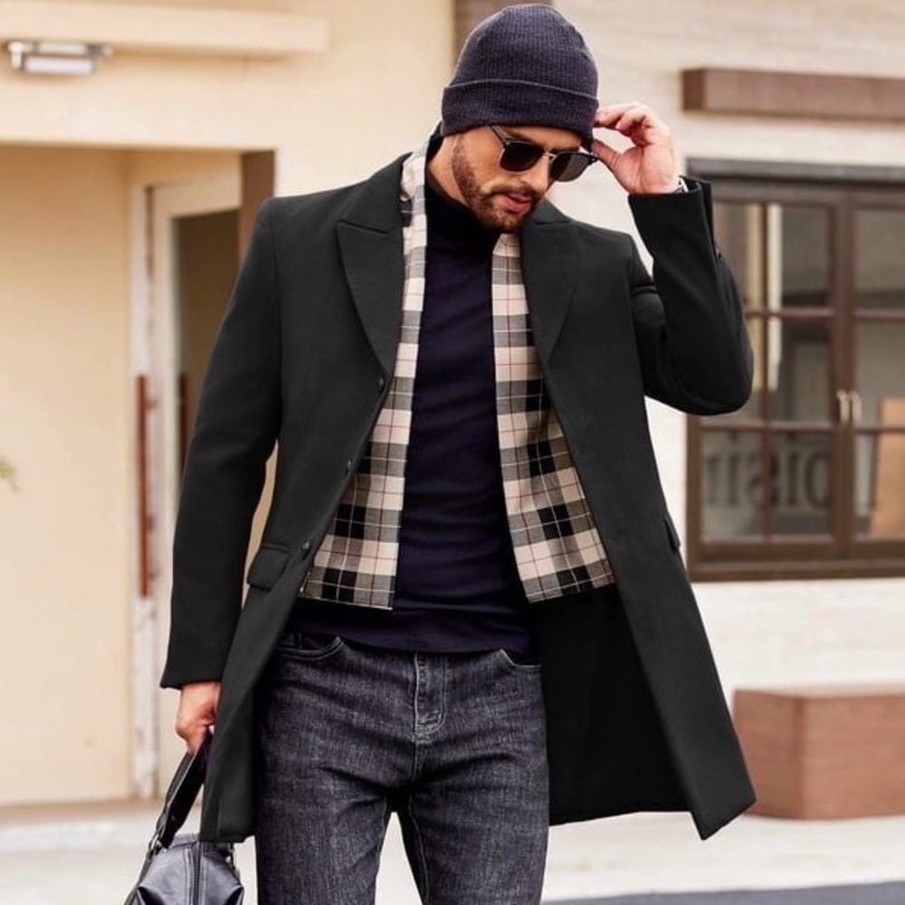 Coofandy Men Black Removable Plaid Scarf Layered Notch Lapel Car Coat XXL